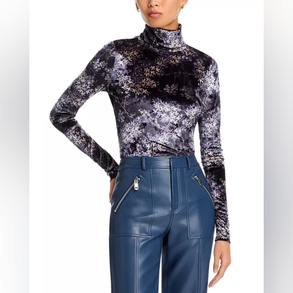 Cinq à Sept Kiara Lilac Floral Turtleneck Velvet Size Small Mock-Neck Keyhole